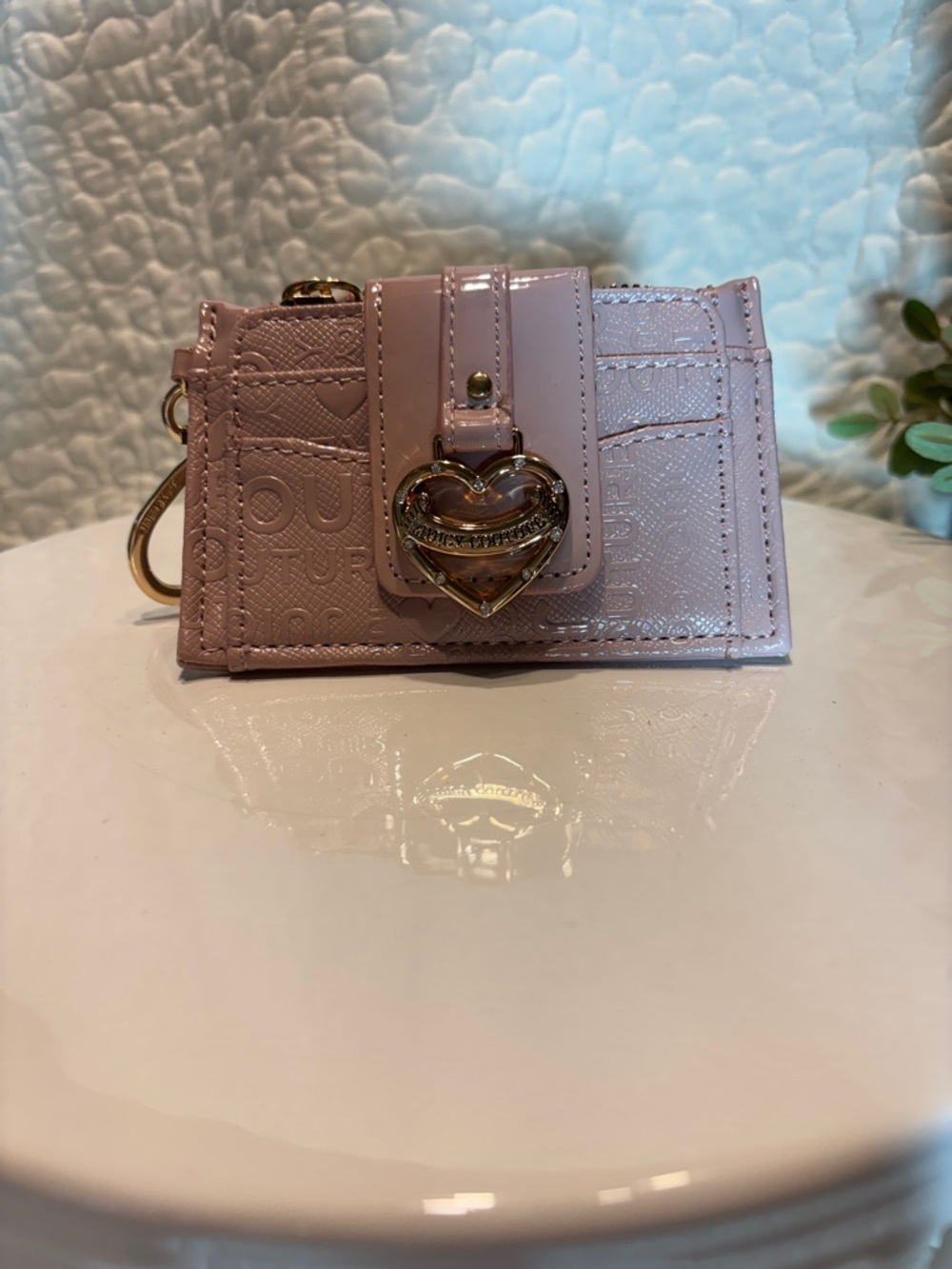 Juicy Couture Light Pink Patent Mini Zip Card Holder with Gold Hardware